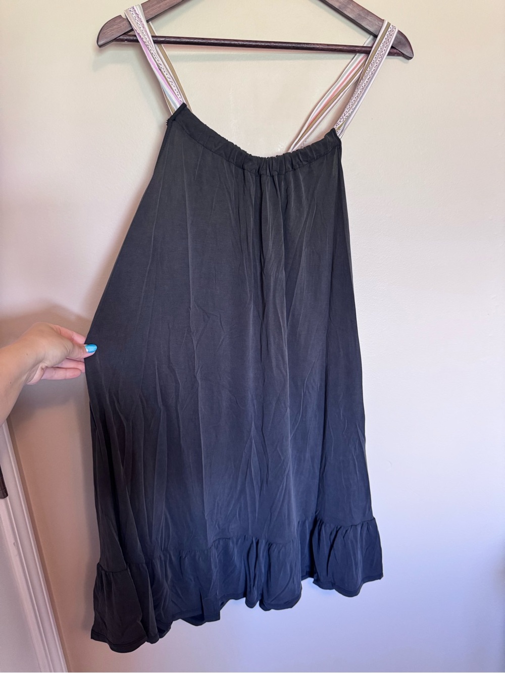 Mystree charcoal gray sundress with subtle patterned straps
